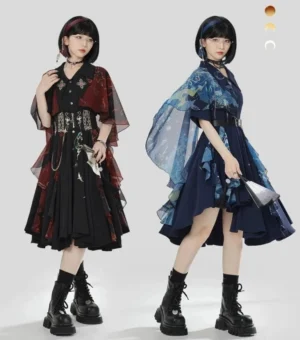 Modern Hanfu Dunhuang embroidered shirt dress with detachable sheer shawl shown in wine red and navy blue colorways, featuring crane embroidery, traditional landscape prints, waist details, and an irregular ruffled midi hem
