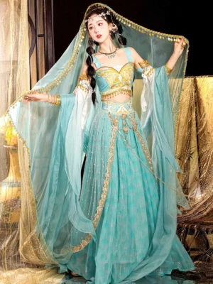Front view of a cyan blue Dunhuang Feitian Tang Dynasty Hanfu dance costume with gold trim, flowing long skirt, matching veil, and celestial Silk Road styling