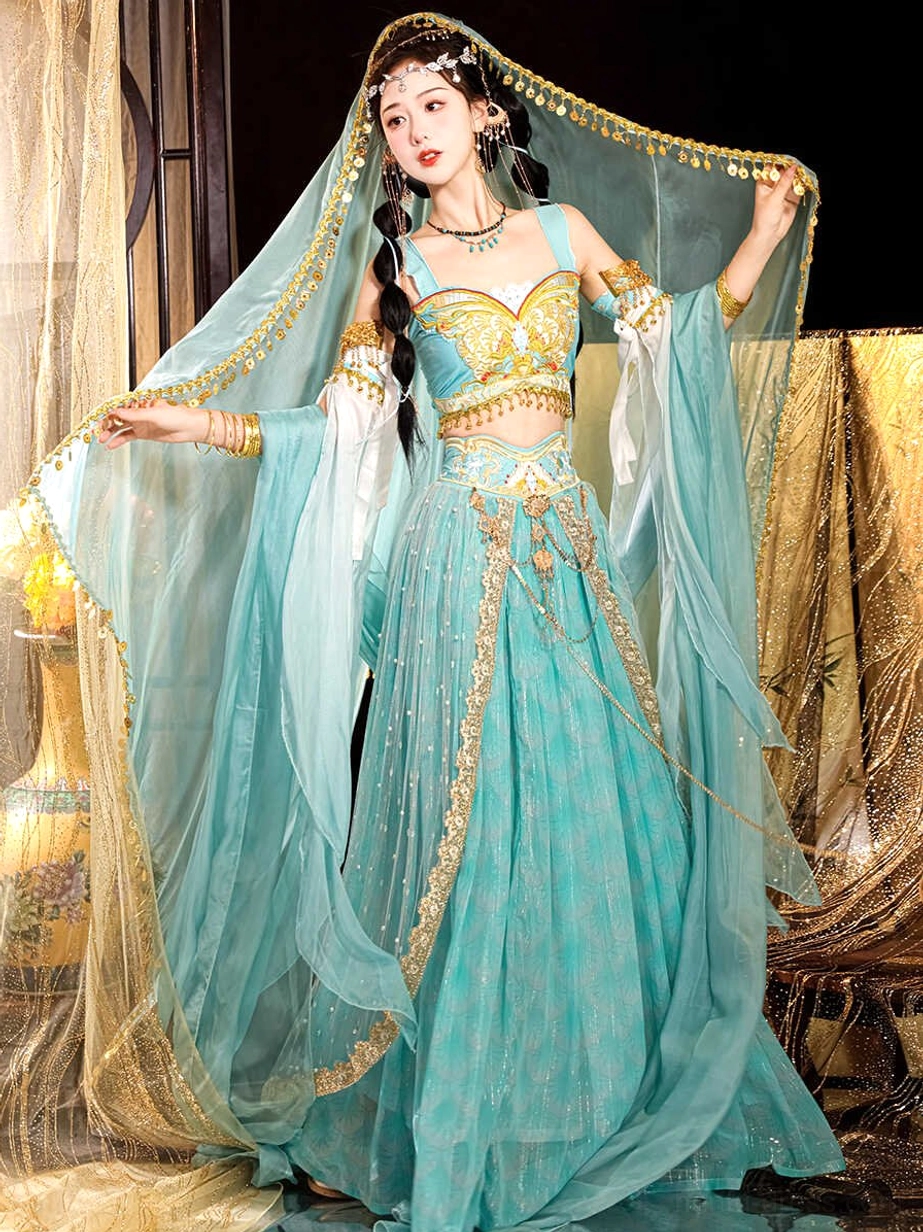 Front view of a cyan blue Dunhuang Feitian Tang Dynasty Hanfu dance costume with gold trim, flowing long skirt, matching veil, and celestial Silk Road styling
