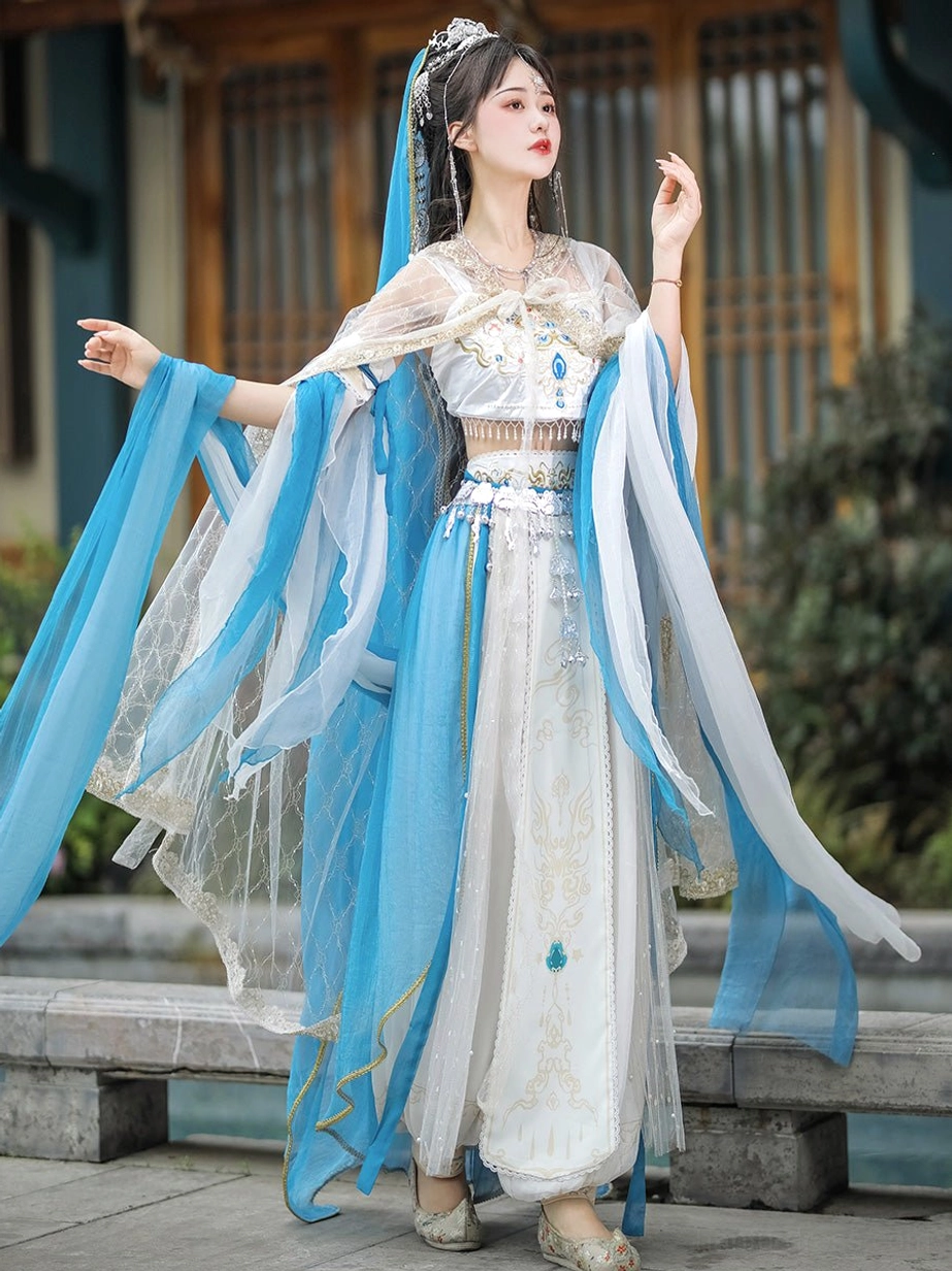 Blue white Feitian Hanfu dance costume side view with embroidered long skirt and flowing blue detached sleeve scarves