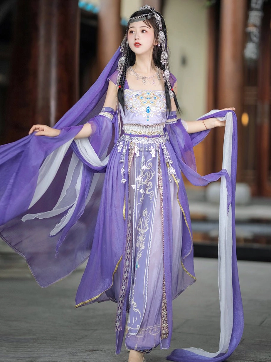 Purple Feitian inspired Tang Dynasty Hanfu costume showing tube top, embroidered waist, lantern pants, and flowing veil scarves