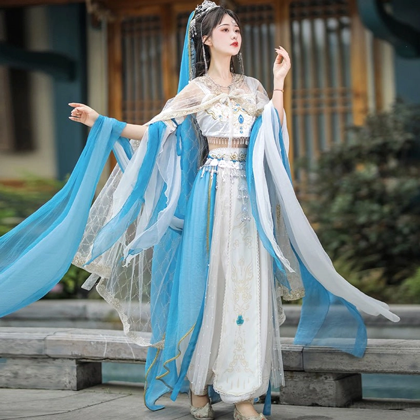 Blue white Dunhuang Feitian Tang Dynasty Hanfu complete set with blue veil headdress styling, embroidered skirt, and sheer scarves