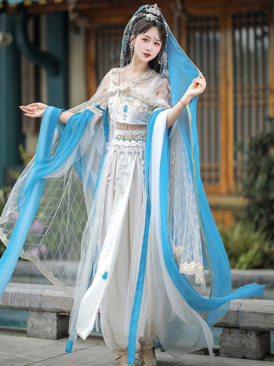 Blue and white Dunhuang Feitian Tang Dynasty Hanfu dance costume with blue sheer sleeves and silver embroidered skirt