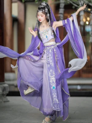 Purple Dunhuang Feitian Tang Dynasty Hanfu dance costume with flowing sheer scarves and silver embroidered details in an ancient courtyard
