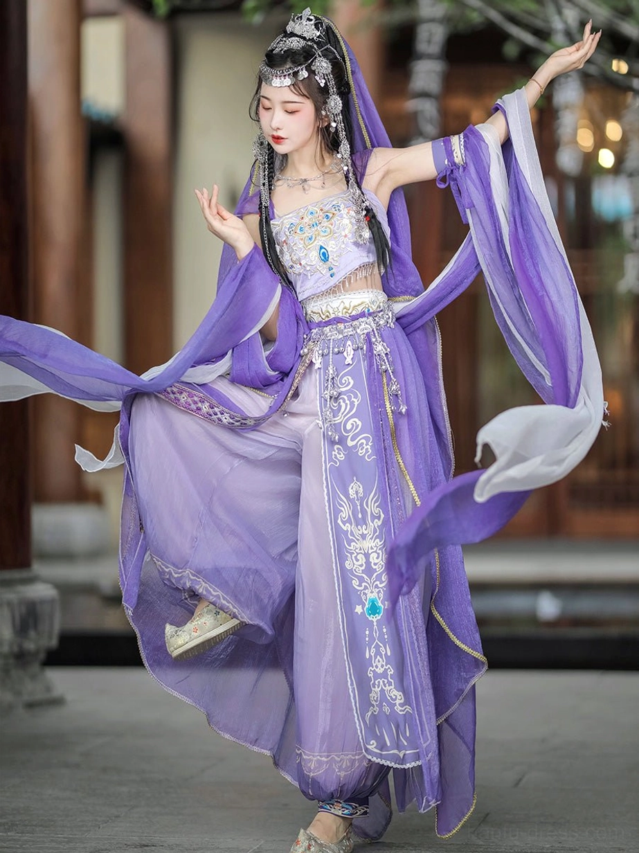 Purple Dunhuang Feitian Tang Dynasty Hanfu dance costume with flowing sheer scarves and silver embroidered details in an ancient courtyard