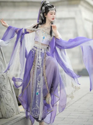 Side view of purple Dunhuang Feitian Hanfu dance costume with layered sheer fabric, gold embroidery, and long floating sleeves