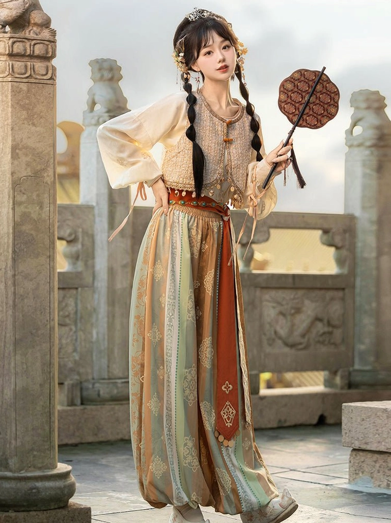 Full front view of Dunhuang Feitian Tang Dynasty Hanfu set with cream top beige vest patterned wide-leg bloomers and terracotta sash