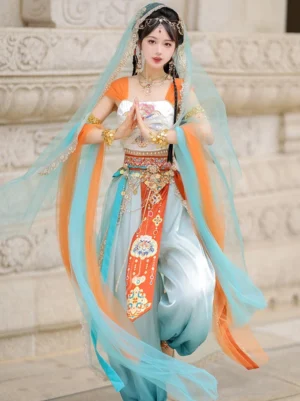 Full front view of a Dunhuang Feitian Tang Dynasty performance costume with cyan bloomers, orange sleeves, decorative girdle, flowing scarves, veil, and traditional dance styling
