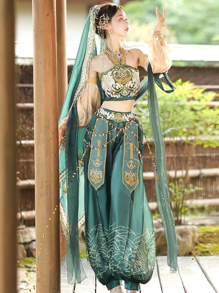 Side view of a Dunhuang Feitian Tang Dynasty Hanfu costume with beaded tulle veil headdress, high-waisted loose lantern bloomers, gold embroidery, and tassel waist ornaments