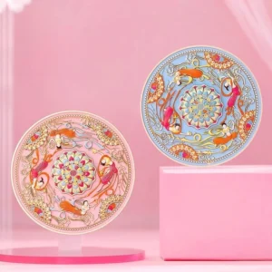 Dunhuang flying apsaras lotus Chinese pocket mirror shown in rose and azure colour options with embossed traditional artwork and gold decorative borders