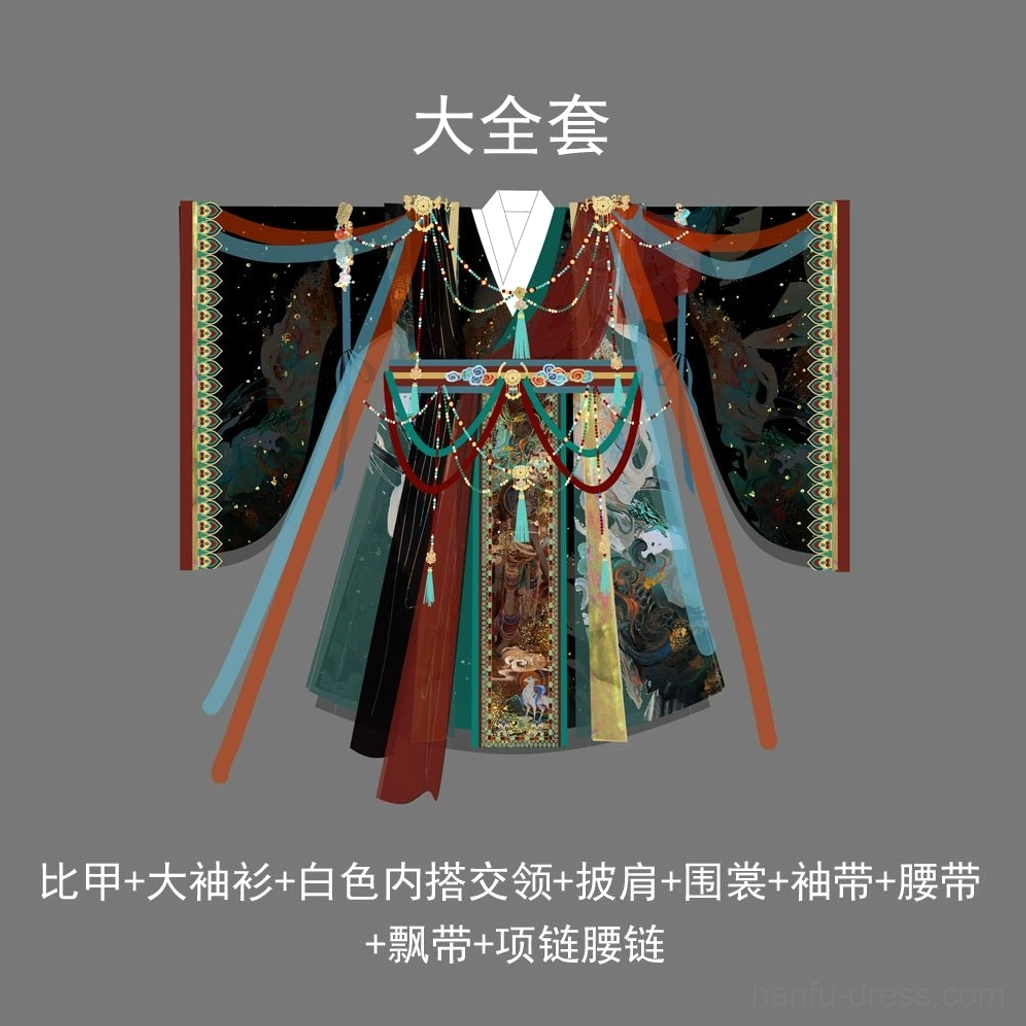 Dunhuang Godly Immortal Hanfu complete set diagram showing layered robe components, wide sleeve garments, vest, belt, sash, and waist accessory