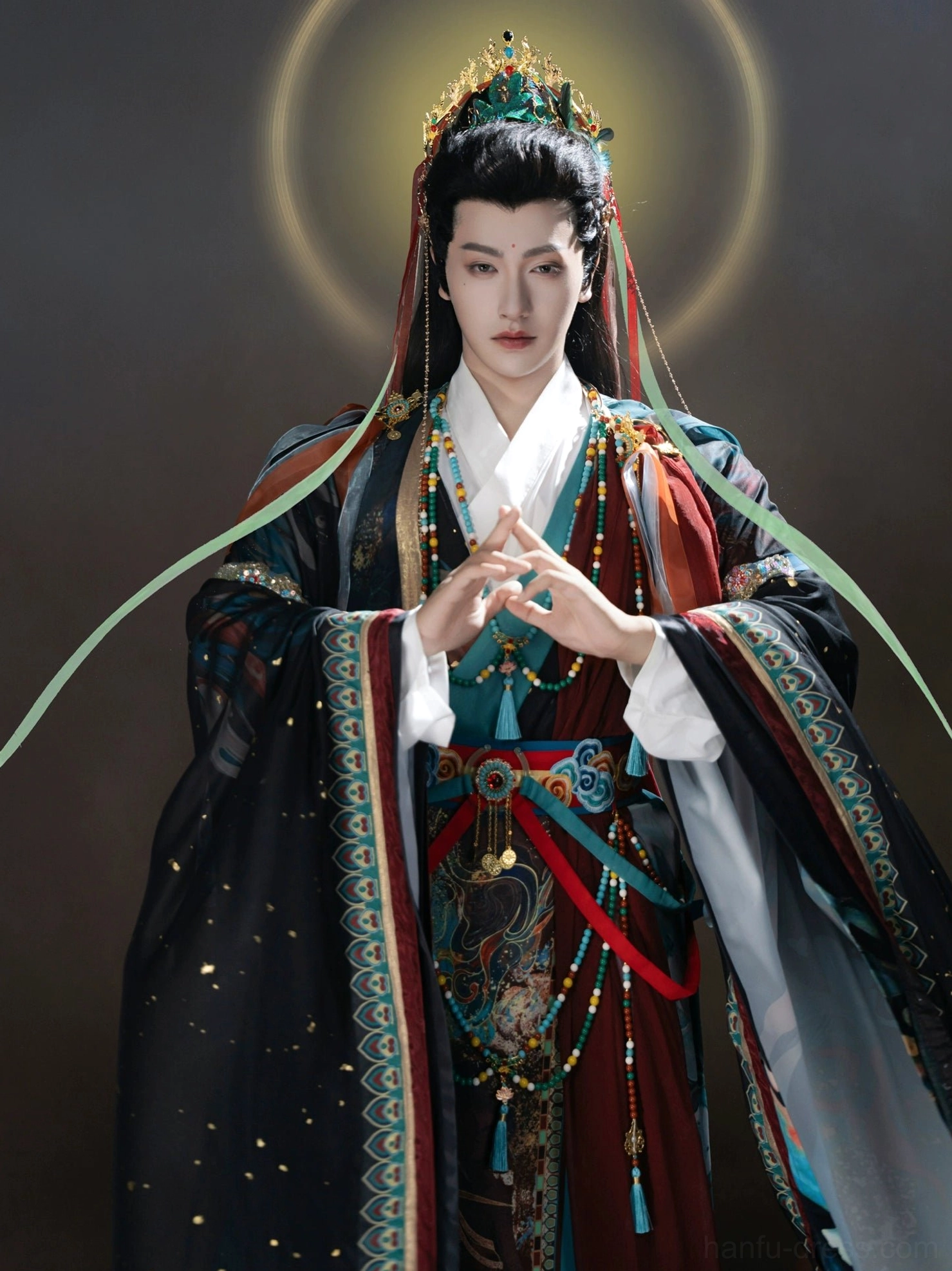Front view of Dunhuang Godly Immortal Hanfu for men featuring wine red teal and black layered ancient robe with long flowing ribbons
