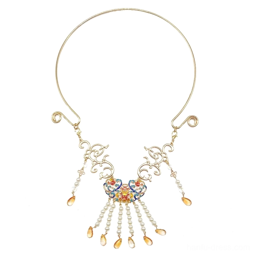 Minimal gold neck hoop accessory with small Dunhuang floral enamel pendant, pearl detail, and delicate teardrop tassels