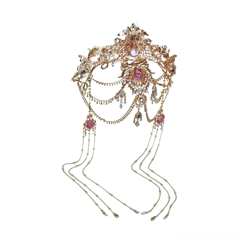 Single Dunhuang-style Hanfu hair crown displayed on a white background, featuring a carved gold floral frame, central purple jewel, and layered hanging chain tassels