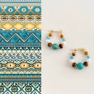 Dunhuang-inspired Chinese earrings displayed with blue brown yellow and white geometric traditional pattern details for Hanfu jewelry styling