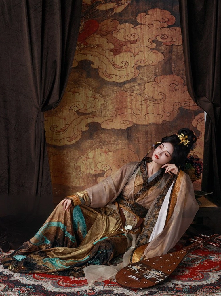Dunhuang-inspired Wei Jin Dynasty Qiyao Ruqun Hanfu in earthy brown and cyan landscape patterns styled with flowing layered robes and pipa