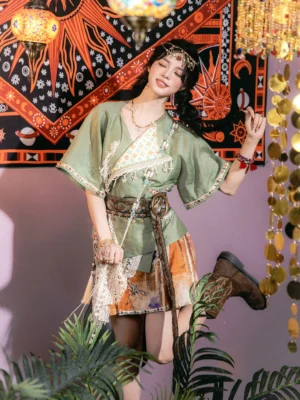 Dunhuang inspired modern Hanfu summer blouse and printed mini skirt set with layered waist styling