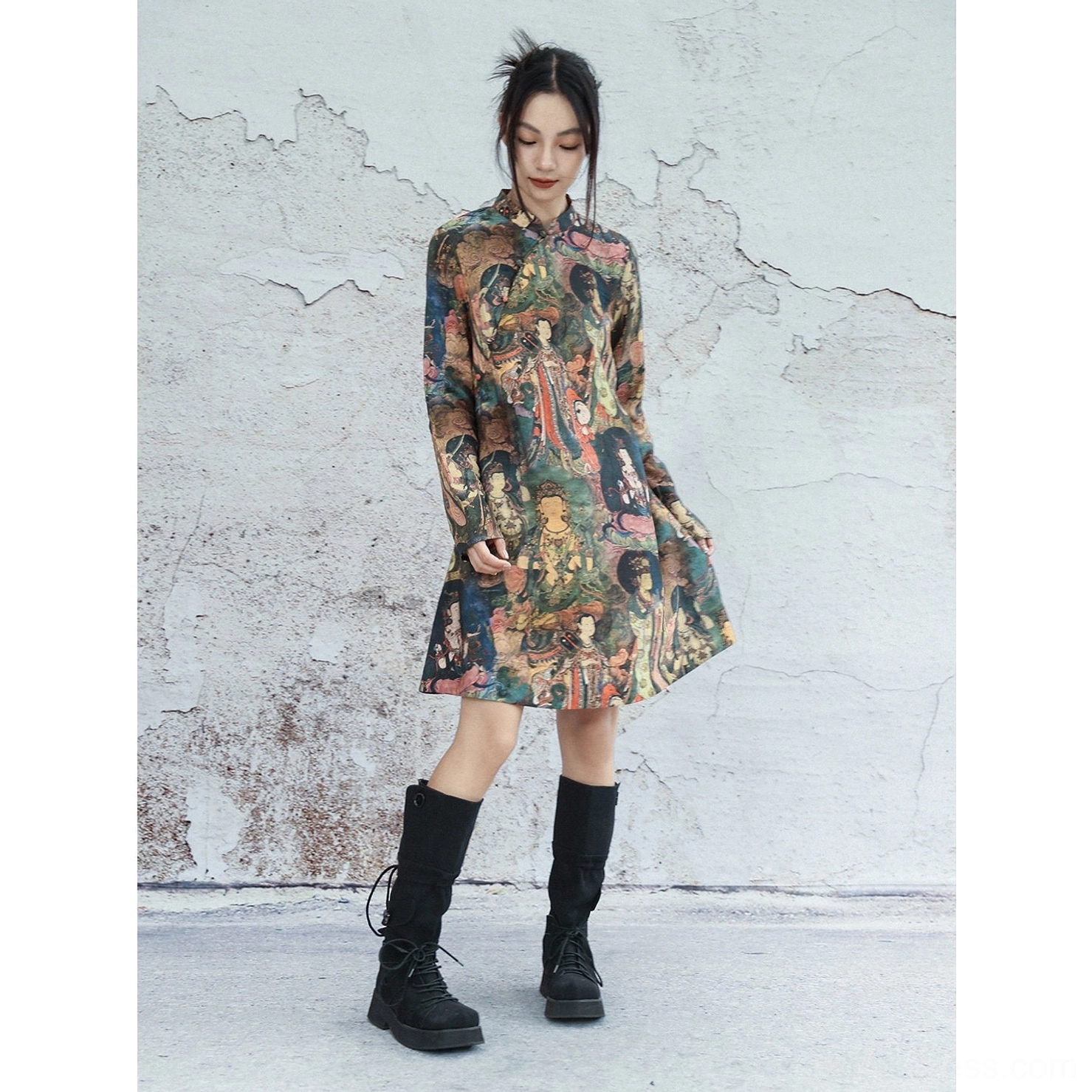 Full length front view of Dunhuang mural print long sleeve cheongsam dress with vintage earthy fresco pattern and relaxed A-line shape