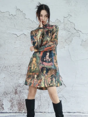 Full body three-quarter front view of Dunhuang mural print long sleeve modern Hanfu cheongsam dress with Mandarin collar and relaxed A-line silhouette