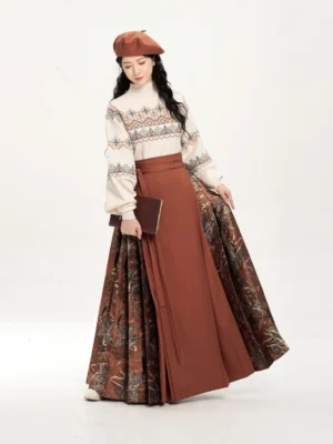 Three-quarter front view of a Dunhuang-inspired Pipa Music turtleneck sweater and brick red mamianqun hanfu set with printed pleated side panels