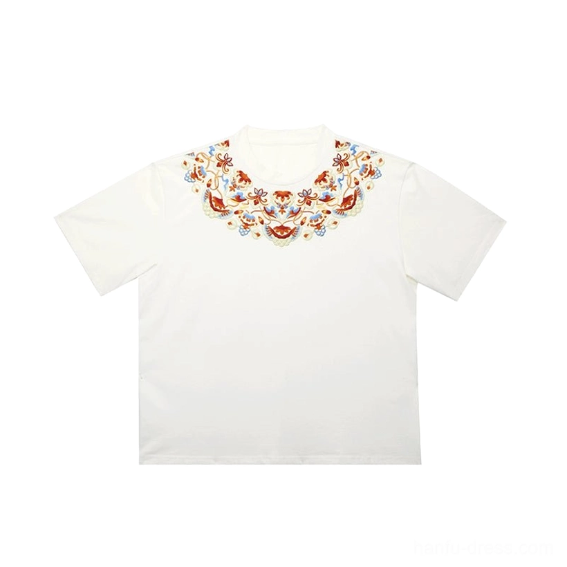 Flat lay view of a white Dunhuang-style embroidered cotton T-shirt with colorful collar embroidery and loose short sleeves
