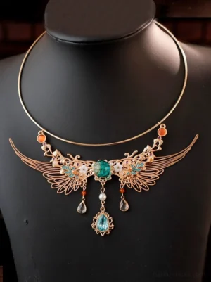 Front view of a Dunhuang-style winged collar Chinese necklace displayed on a black mannequin bust, featuring gold-tone carved wing motifs, a central green gem, decorative beads, and cascading crystal-like pendants
