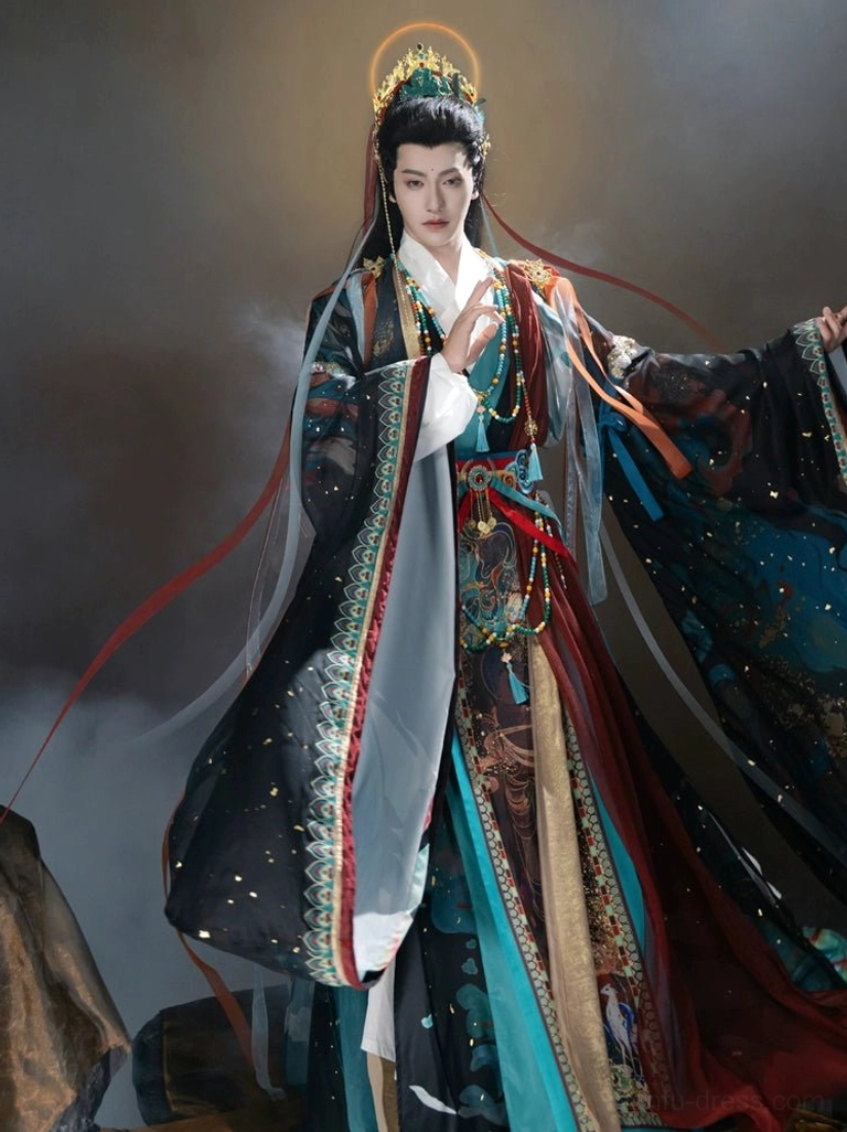 Side three-quarter view of men’s Dunhuang Xianxia ancient robe showing oversized flowing sleeves, decorative borders, and mural inspired lower patterns