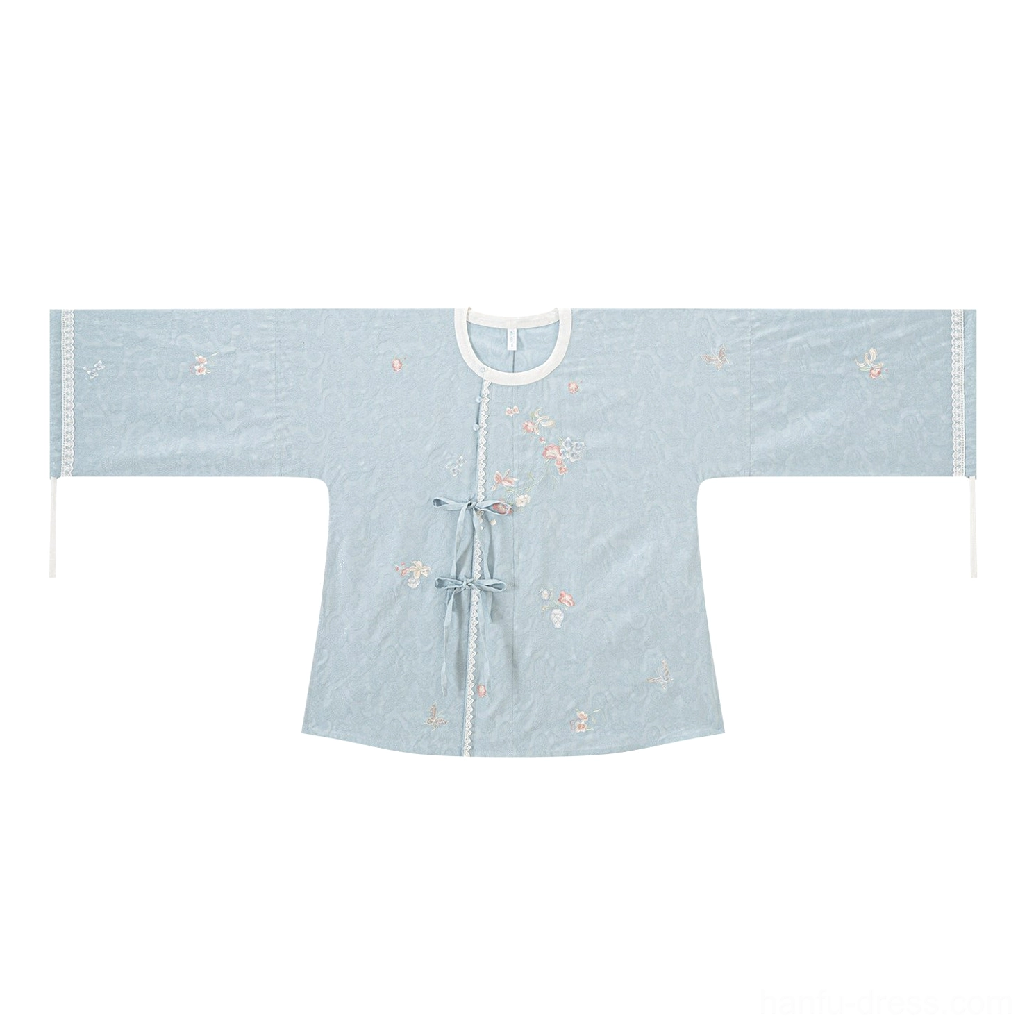Dusty blue embroidered Tang style Hanfu long sleeve top with white round collar lace trim and front tie