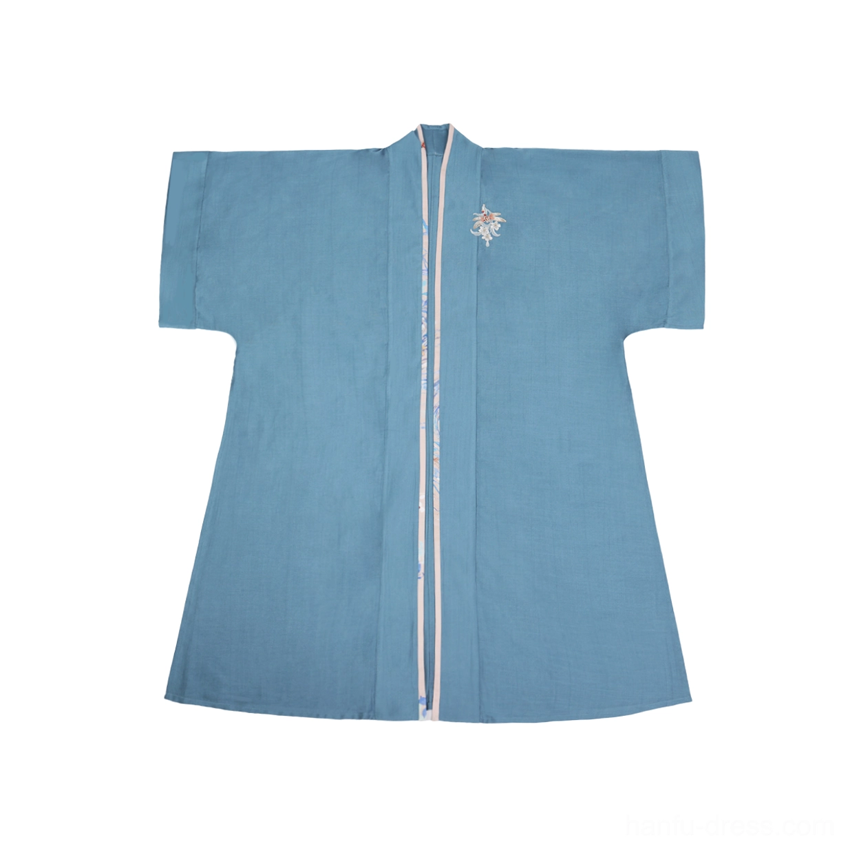 Flat lay of a dusty blue Song Dynasty Hanfu Beizi jacket with wide sleeves, contrasting placket trim, and delicate floral embroidery on the chest