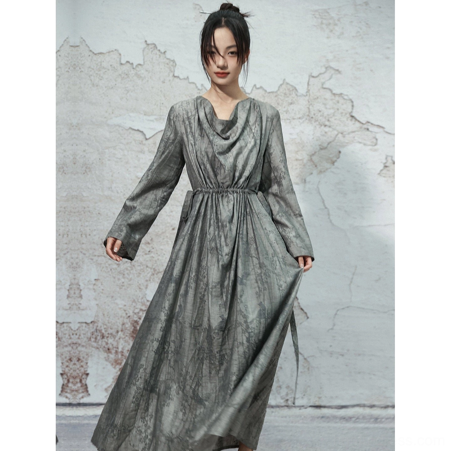 Dusty grey cowl neck modern Hanfu maxi dress showing the fluid full-length A-line skirt, gathered waist and elegant Chinese-inspired silhouette