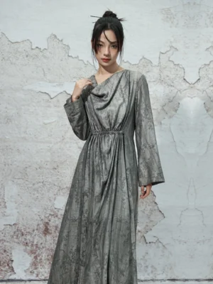 Front detail view of dusty grey Chinese-inspired modern Hanfu dress featuring a softly draped cowl neckline, long sleeves and gathered waist