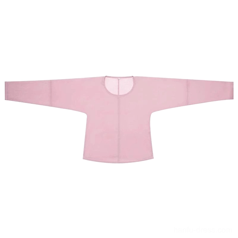 Flat-lay back view of the dusty pink long-sleeve hanfu round-collar top with wide traditional-inspired sleeves and open-back detail