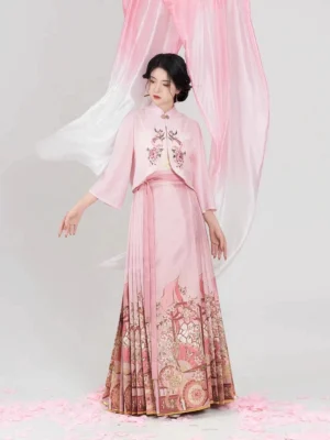 Full-body view of a dusty pink Ming Dynasty inspired hanfu outfit with embroidered blouse, flowing sleeves, pleated mamian skirt, and traditional Chinese styling