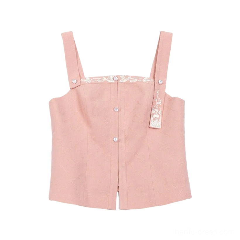 Dusty pink Ming style Hanfu bustier flat lay with square neckline embroidered straps pearl buttons and split hem