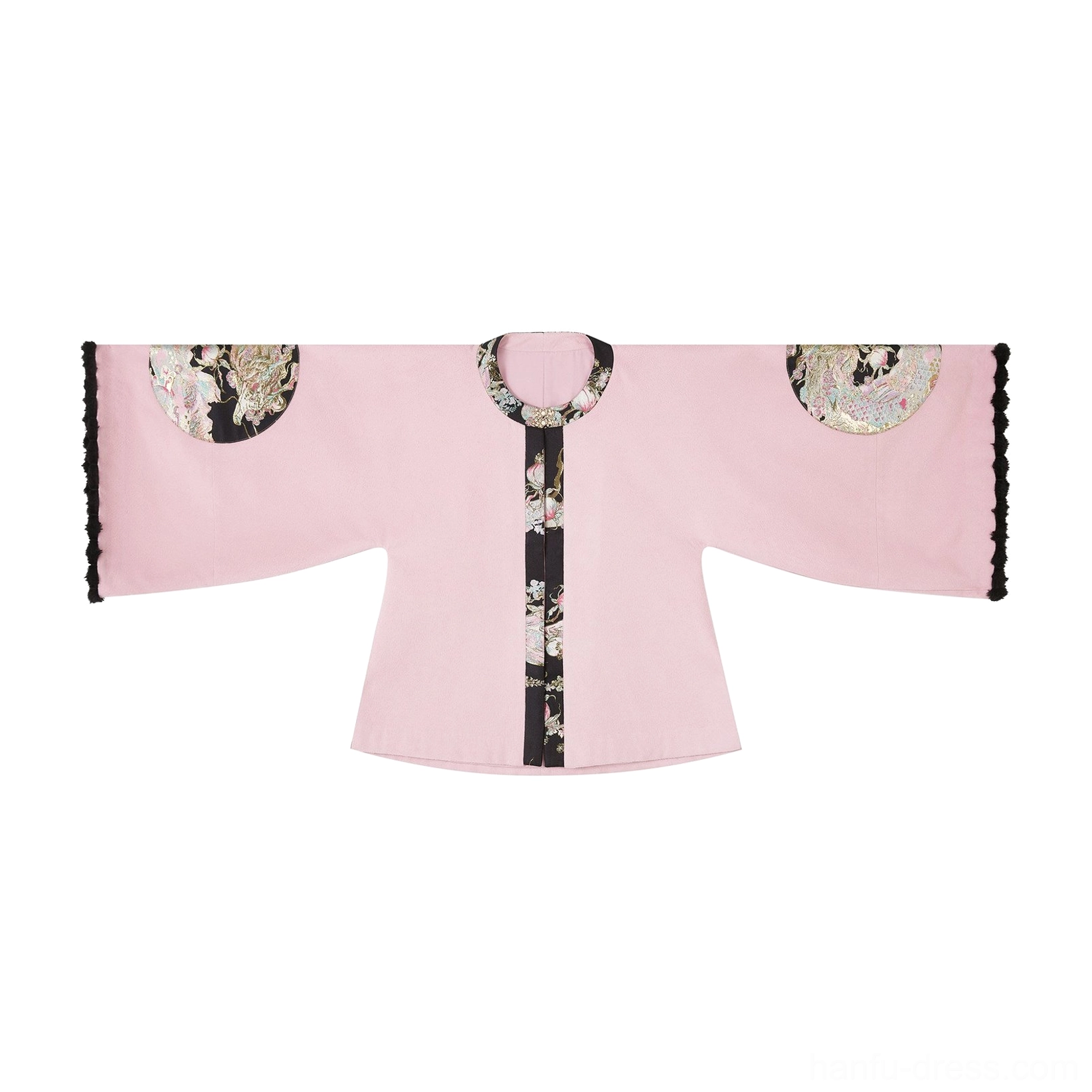 Flat lay of dusty pink Ming-style Hanfu jacket with black ruffled cuffs sleeve embroidery and decorative front placket