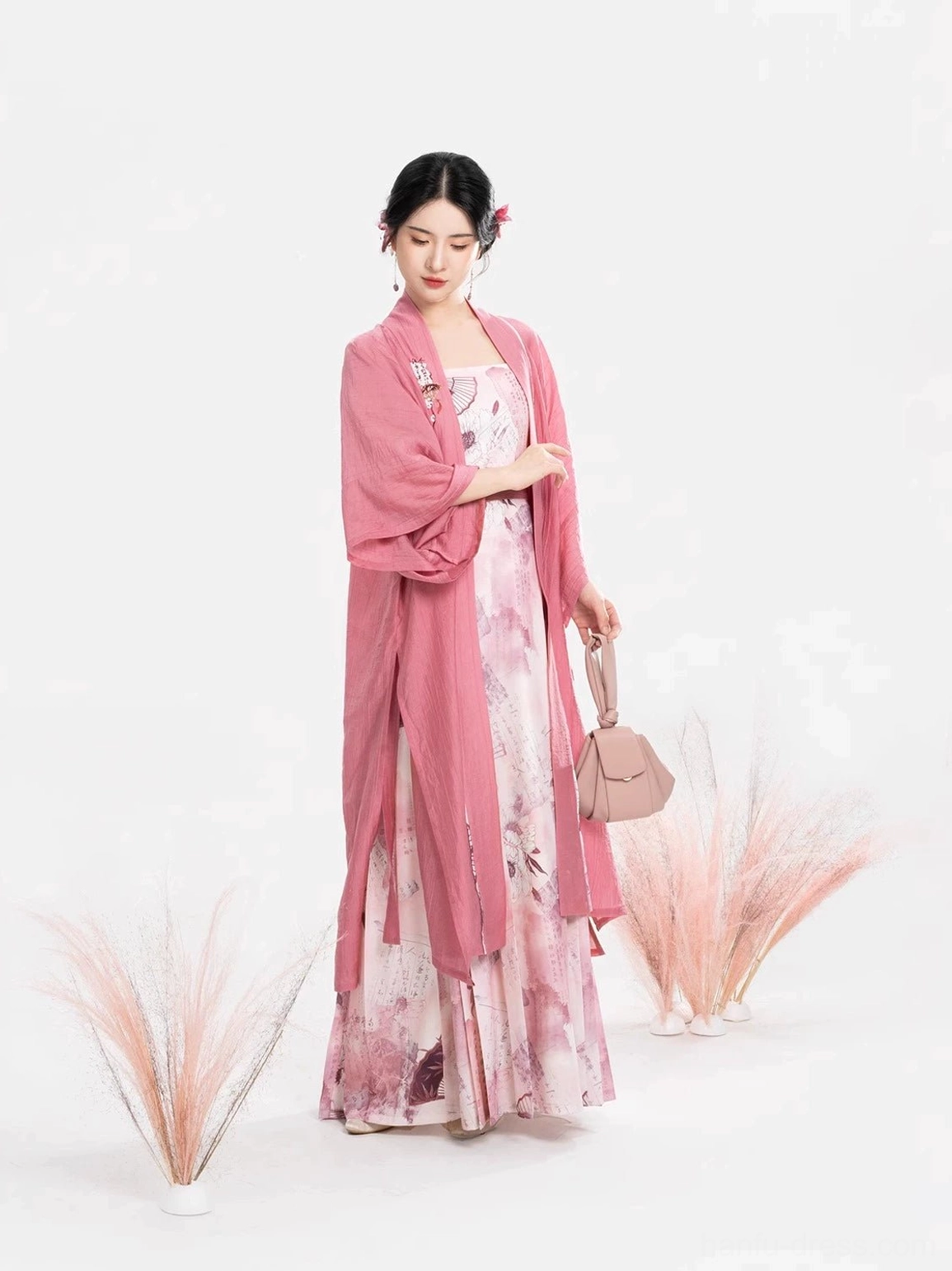 Dusty pink modern Hanfu set featuring draped beizi outer jacket and full floral print mamian style slip dress