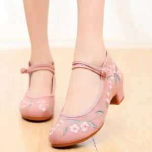 Dusty pink peach blossom embroidered Hanfu shoes for women with traditional frog buckle ankle straps and low block heels