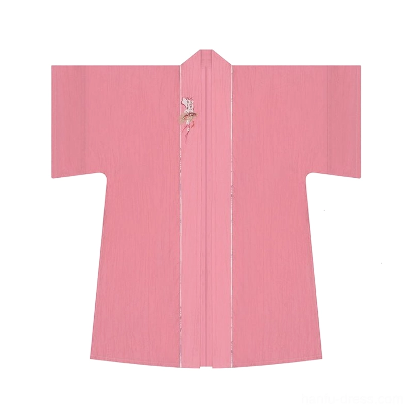 Dusty rose Changgan Temple inspired beizi jacket flat lay with sheer textured fabric contrast trim wide sleeves and collar brooch