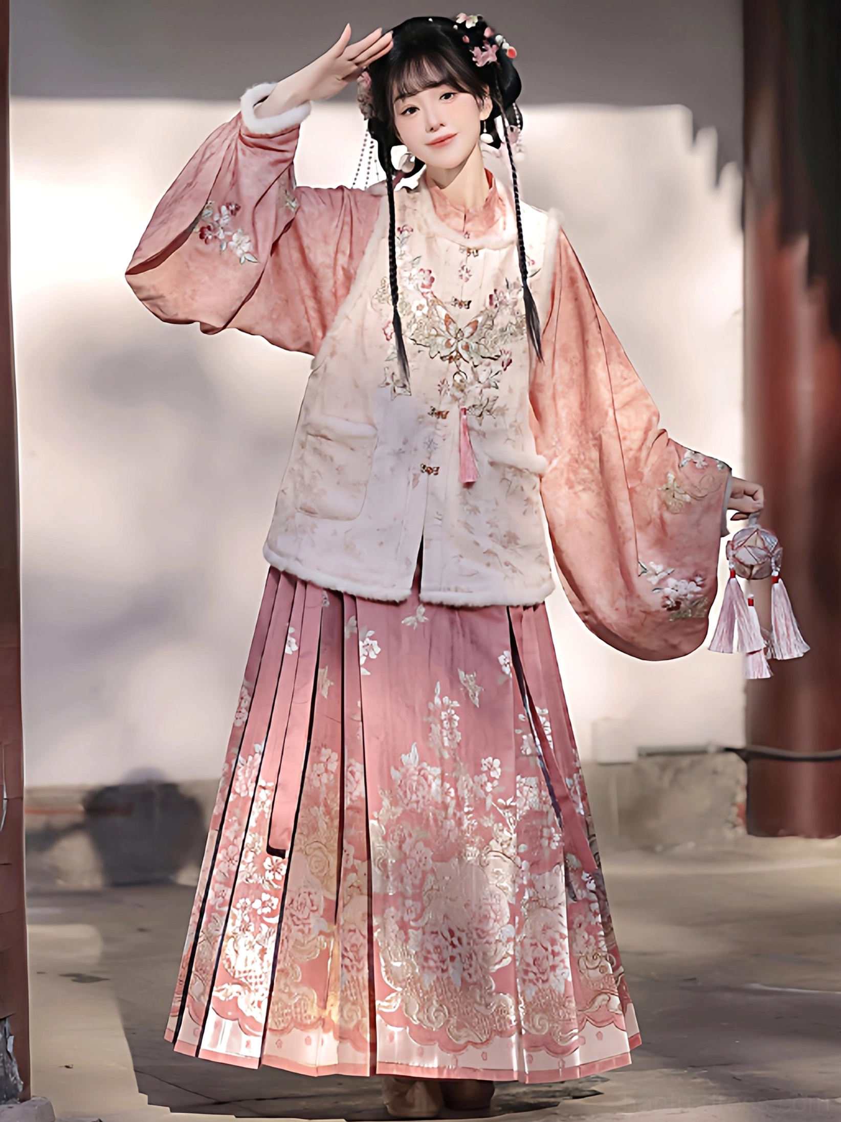 Three quarter view of dusty rose Ming Dynasty Hanfu with butterfly and floral embroidered vest beside traditional red wooden pillars