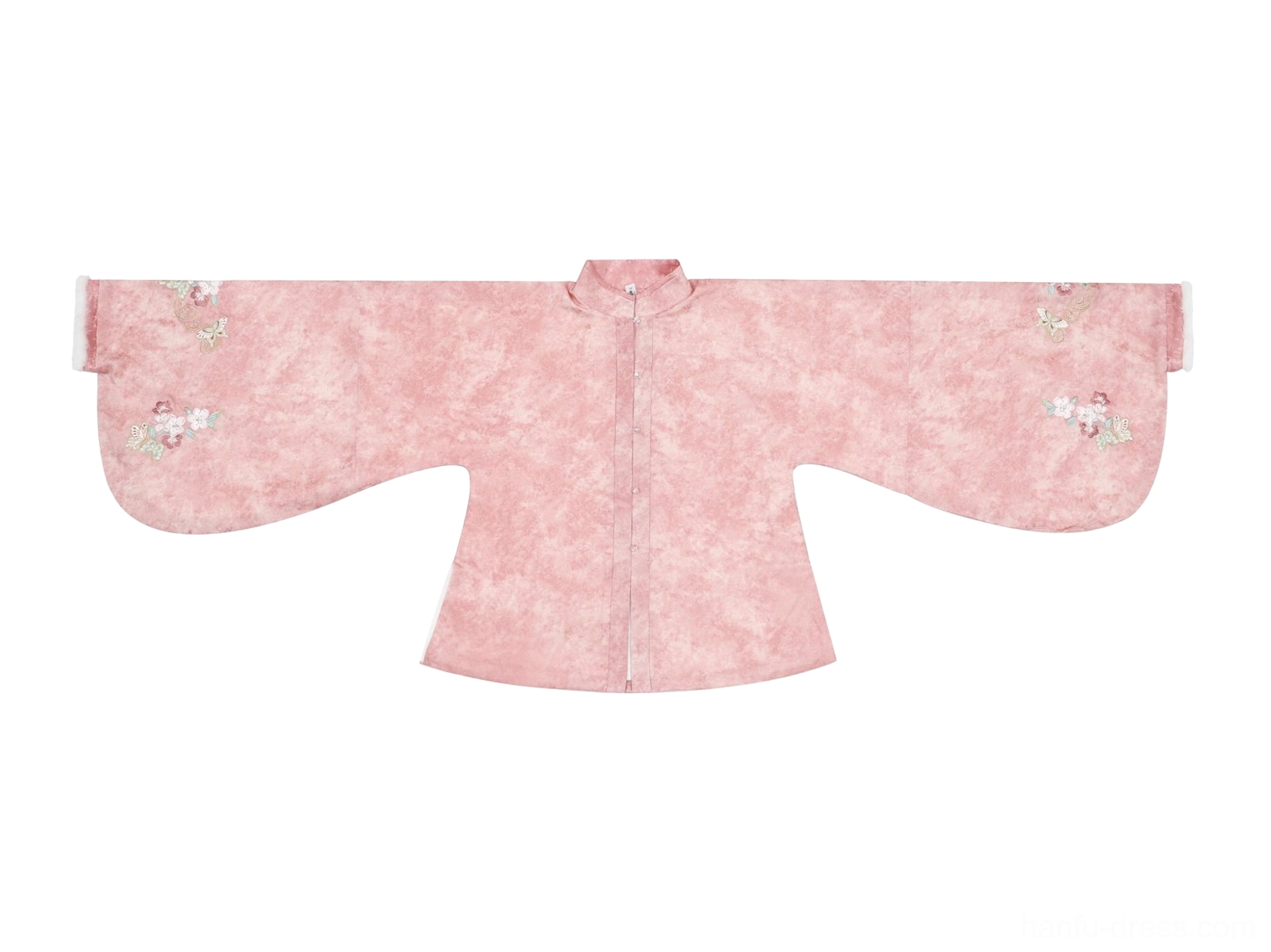 Dusty rose Ming style Hanfu Pipa sleeve top with standing collar and subtle floral embroidery shown in a flat lay