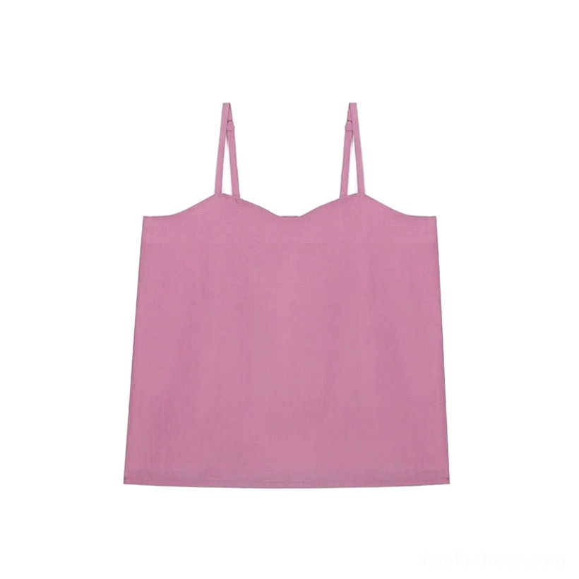 Dusty rose pink hanfu camisole with sweetheart neckline and delicate spaghetti straps shown in a flat lay view