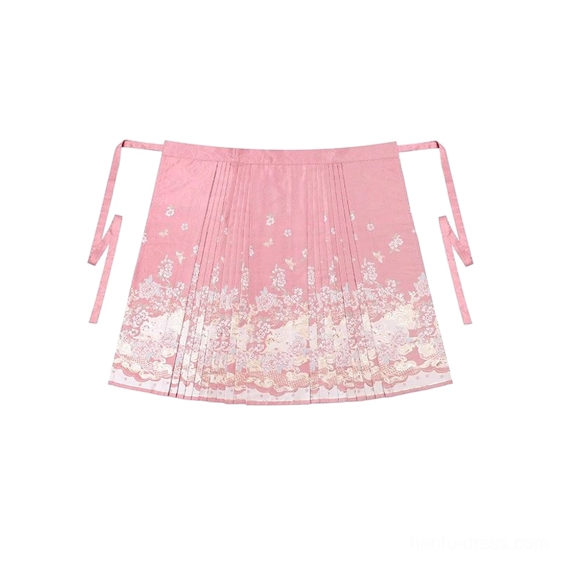 Dusty rose pleated mamian skirt with floral print and side tie straps for a Ming style Chinese Hanfu outfit