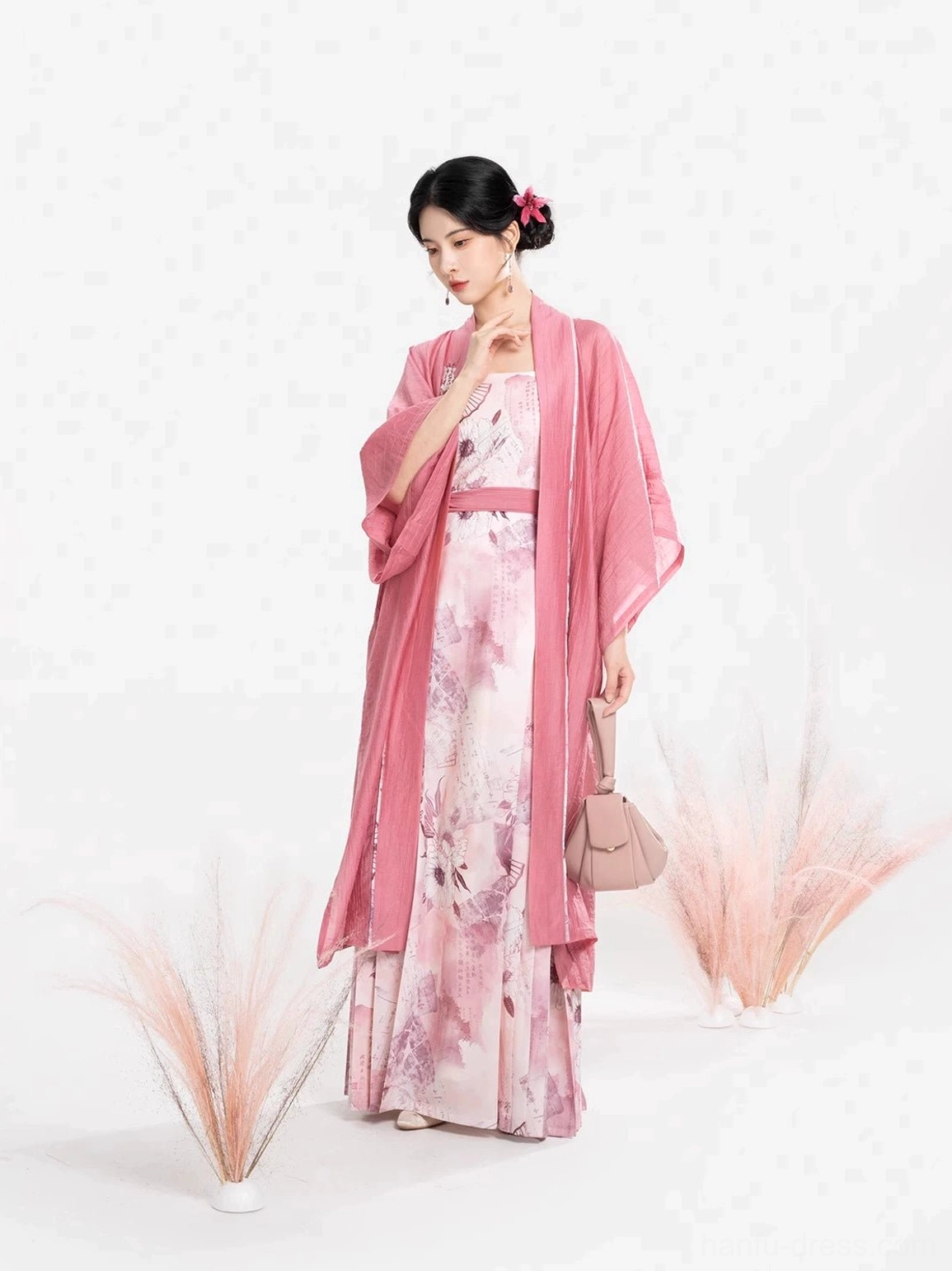 Dusty rose Song Dynasty Hanfu set with sheer beizi jacket and floral mamian style slip dress front three quarter view