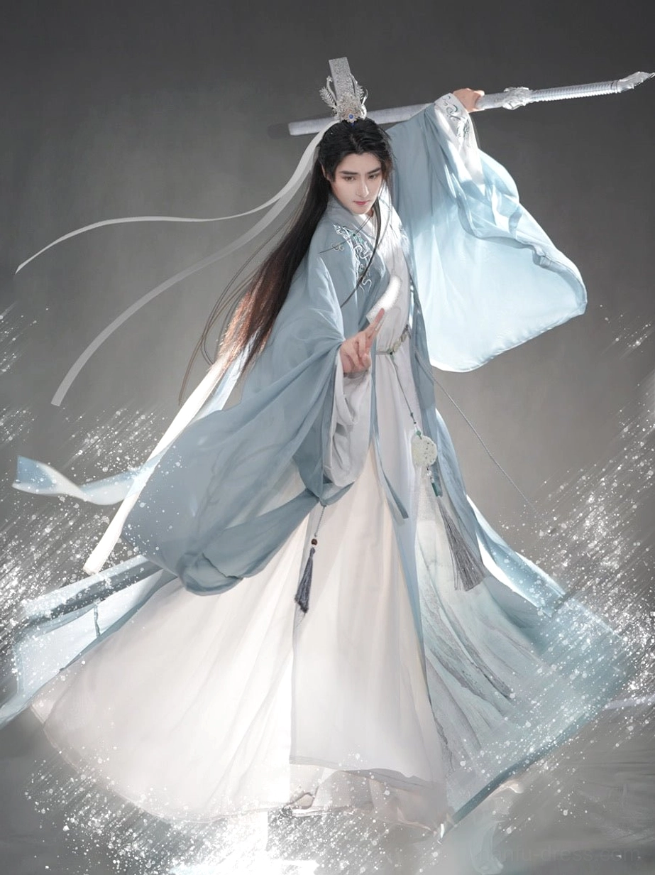 Dynamic Wei Jin xianxia male hanfu with fluttering wide sleeves, silver hair crown, long sword, and water splash effect