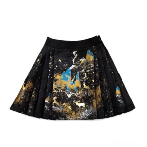 Elara black mini mamianqun horse face skirt flat lay showing pleated silhouette elastic waistband and deer landscape print