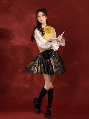 Model wearing Elara black mini mamianqun horse face skirt with gold and blue deer landscape print in a Chinese-inspired preppy outfit