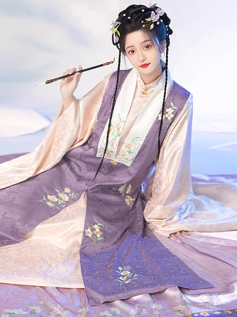 Elegant purple Ming Dynasty hanfu with floral embroidered bijia vest and matching mamian skirt shown in a seated portrait