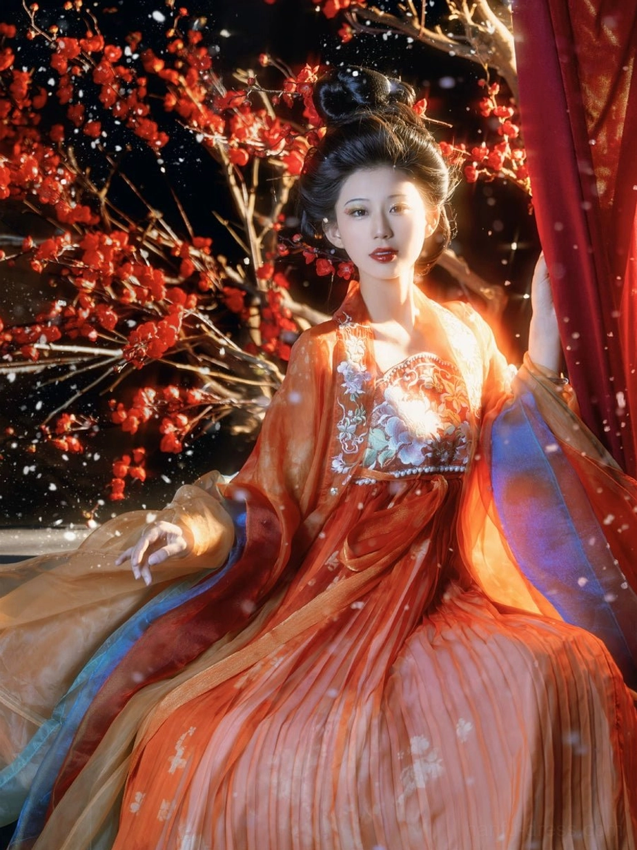 Elegant Tang-style Hanfu Heziqun seated portrait showing a shining floral embroidered bust panel and contrasting sheer blue orange outer layers