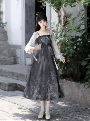 Ember Bamboo Tang Dynasty Hanfu dress set with black bamboo print qixiong dress and sheer white cardigan front view
