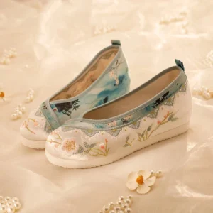 White embroidered Chinese Hanfu shoes with blue ink-wash landscape pattern, floral toe embroidery, scalloped opening, and low hidden wedge heel displayed on beige silk fabric